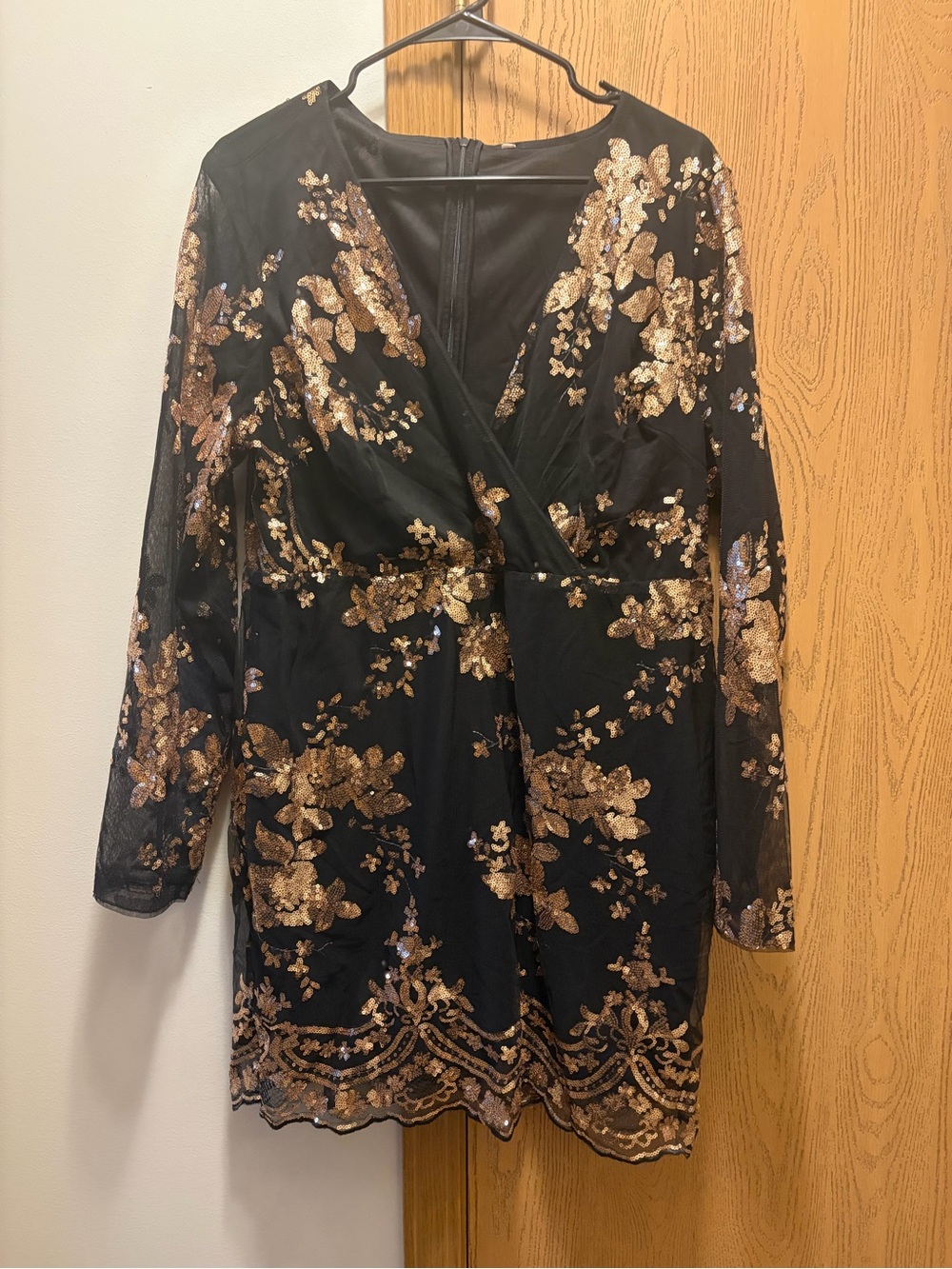 SHEIN Black Long Sleeve Dress with Gold Sequin Floral Embroidery